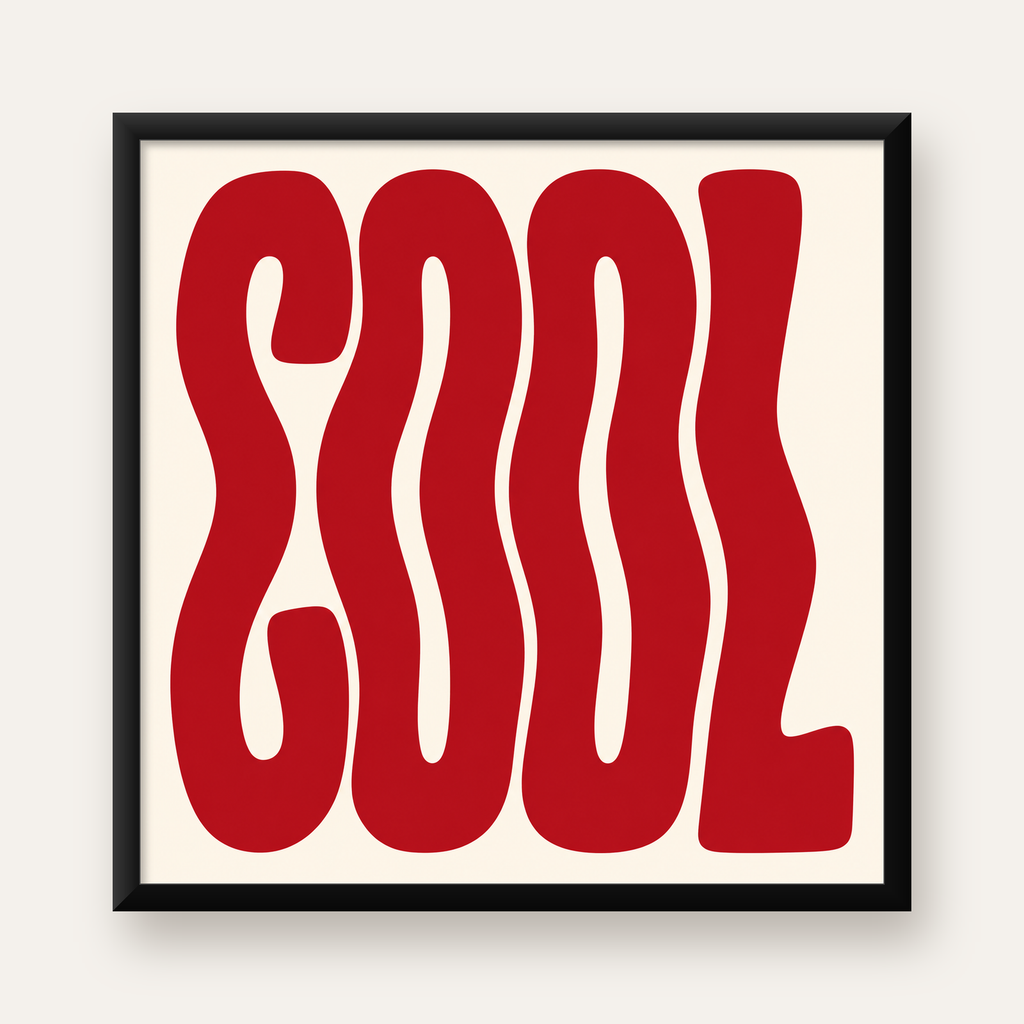Kırmızı Dalgalı COOL Tipografi Poster – Modern Minimal Duvar Dekoru — Kare baskı, düz siyah çerçeveli duvar posteri