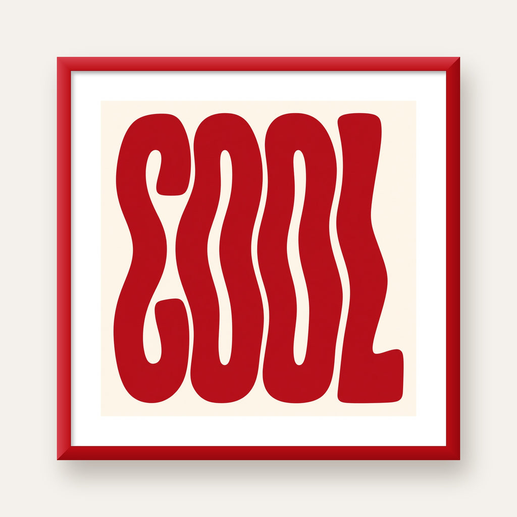 Kırmızı Dalgalı COOL Tipografi Poster – Modern Minimal Duvar Dekoru — kırmızı çerçeveli paspartulu