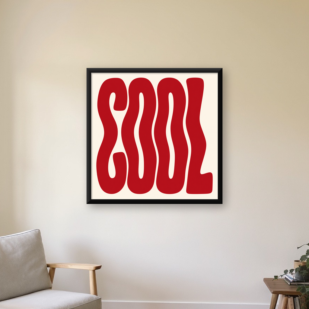 Kırmızı Dalgalı COOL Tipografi Poster – Modern Minimal Duvar Dekoru — Kare baskı, çerçeveli hâliyle bir ev duvarında
