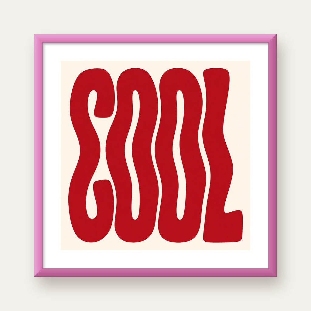 Kırmızı Dalgalı COOL Tipografi Poster – Modern Minimal Duvar Dekoru — pembe çerçeveli paspartulu