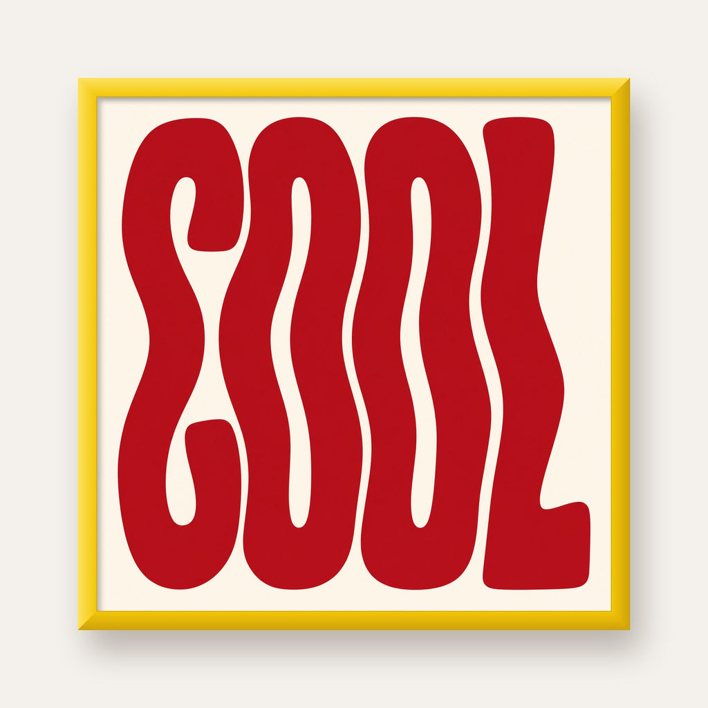 Kırmızı Dalgalı COOL Tipografi Poster – Modern Minimal Duvar Dekoru — sarı çerçeveli