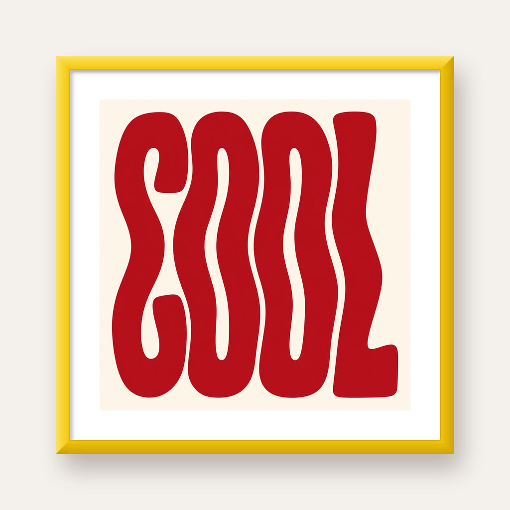 Kırmızı Dalgalı COOL Tipografi Poster – Modern Minimal Duvar Dekoru — sarı çerçeveli paspartulu