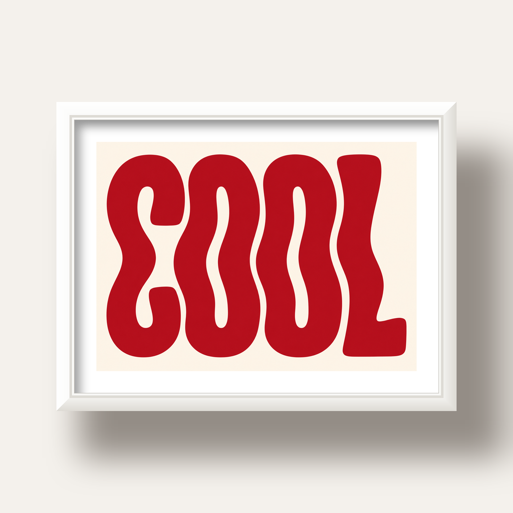 Kırmızı Dalgalı COOL Tipografi Poster – Modern Minimal Duvar Dekoru — beyaz derin çerçeveli paspartulu