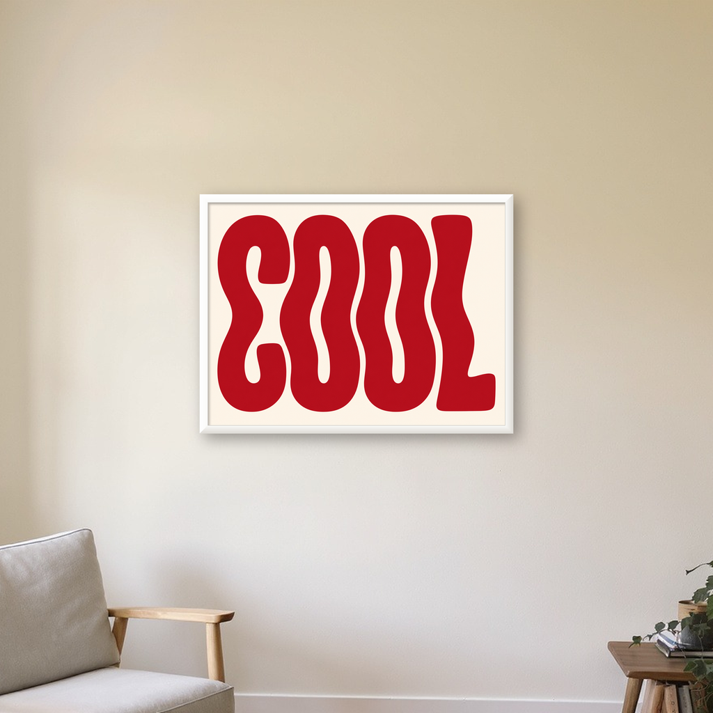 Kırmızı Dalgalı COOL Tipografi Poster – Modern Minimal Duvar Dekoru — beyaz çerçeveli yatay poster