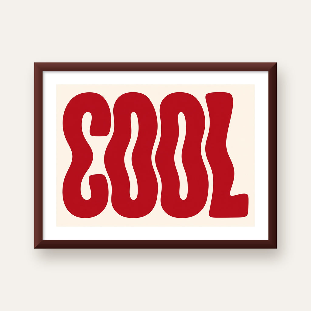 Kırmızı Dalgalı COOL Tipografi Poster – Modern Minimal Duvar Dekoru — ceviz çerçeveli paspartulu