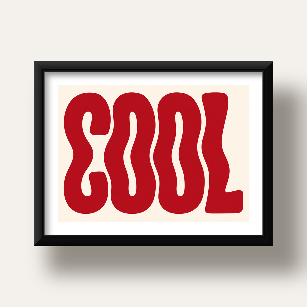 Kırmızı Dalgalı COOL Tipografi Poster – Modern Minimal Duvar Dekoru — siyah derin çerçeveli paspartulu