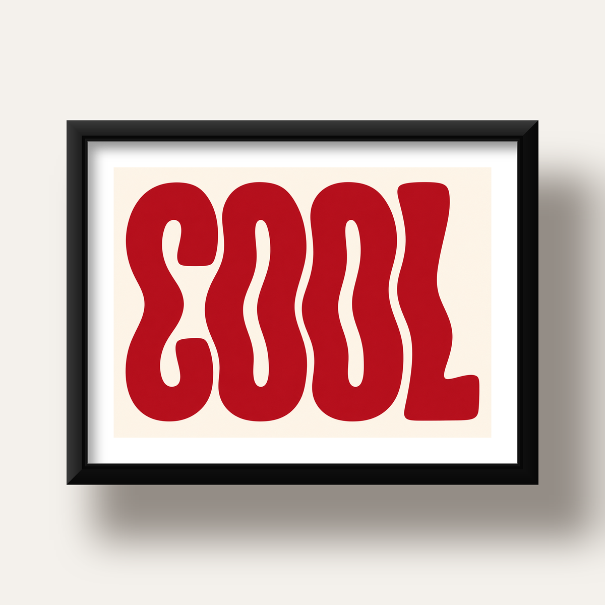 Kırmızı Dalgalı COOL Tipografi Poster – Modern Minimal Duvar Dekoru — siyah derin çerçeveli paspartulu