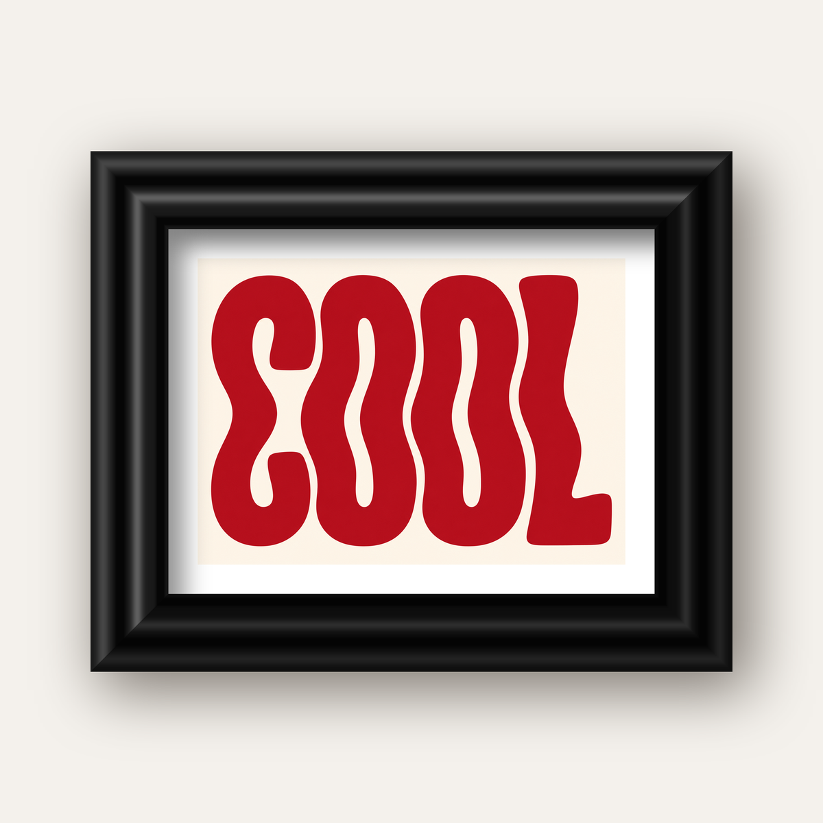 Kırmızı Dalgalı COOL Tipografi Poster – Modern Minimal Duvar Dekoru — siyah galeri çerçeveli paspartulu