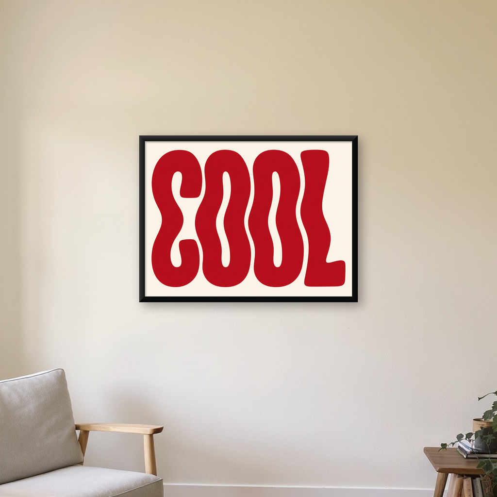 Kırmızı Dalgalı COOL Tipografi Poster – Modern Minimal Duvar Dekoru — Yatay baskı, çerçeveli hâliyle bir ev duvarında