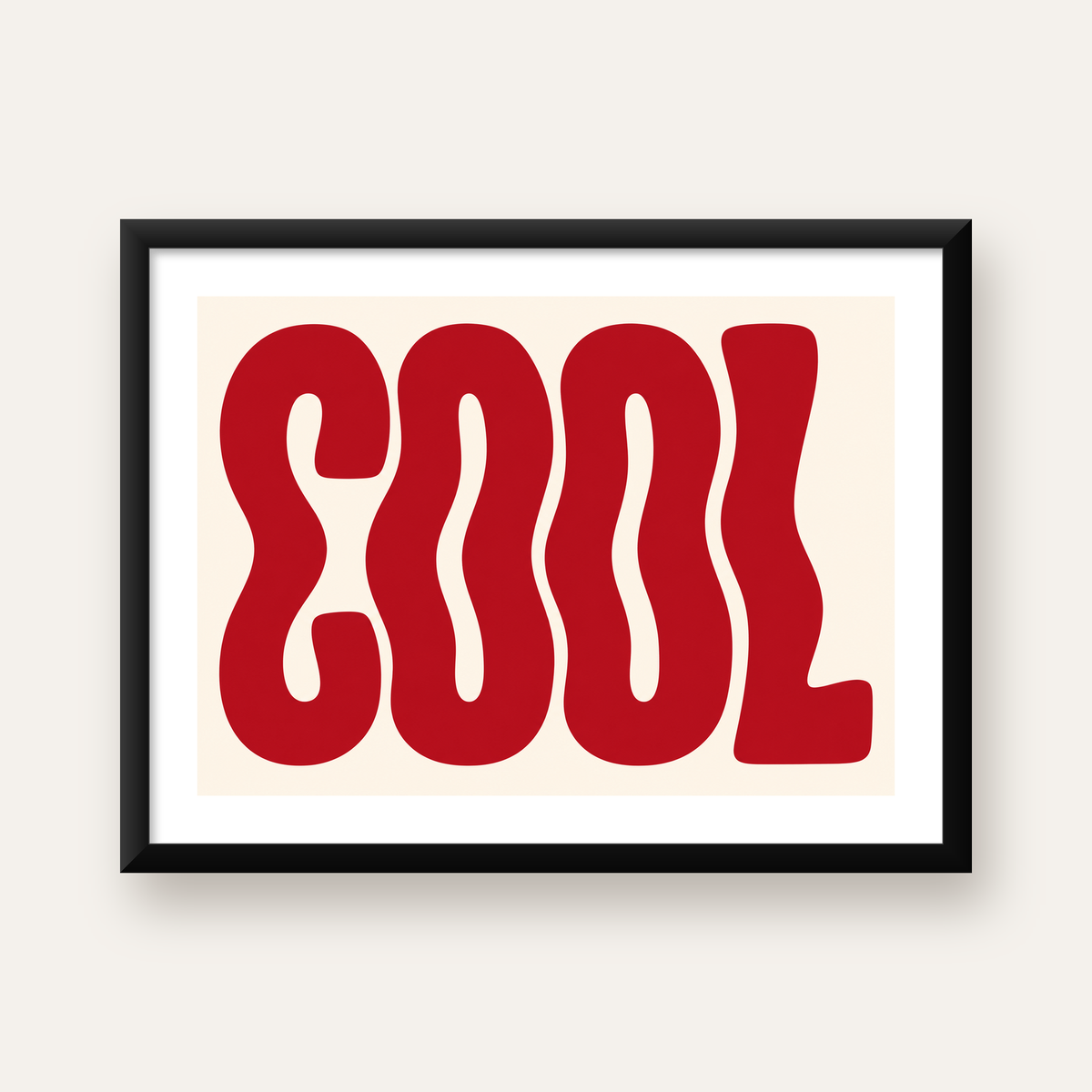 Kırmızı Dalgalı COOL Tipografi Poster – Modern Minimal Duvar Dekoru — Yatay baskı, beyaz paspartulu