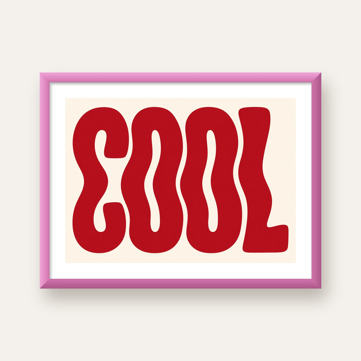 Kırmızı Dalgalı COOL Tipografi Poster – Modern Minimal Duvar Dekoru — pembe çerçeveli paspartulu