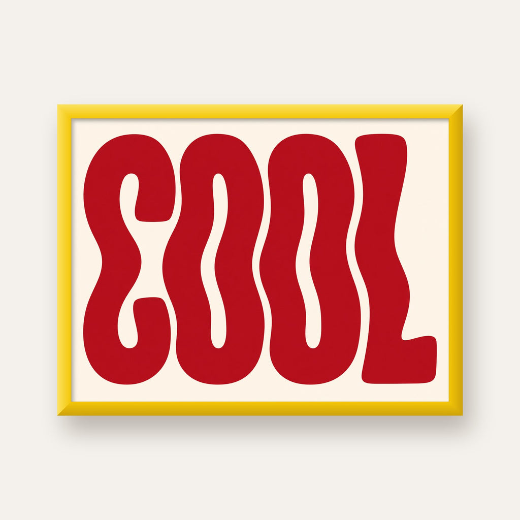 Kırmızı Dalgalı COOL Tipografi Poster – Modern Minimal Duvar Dekoru — sarı çerçeveli