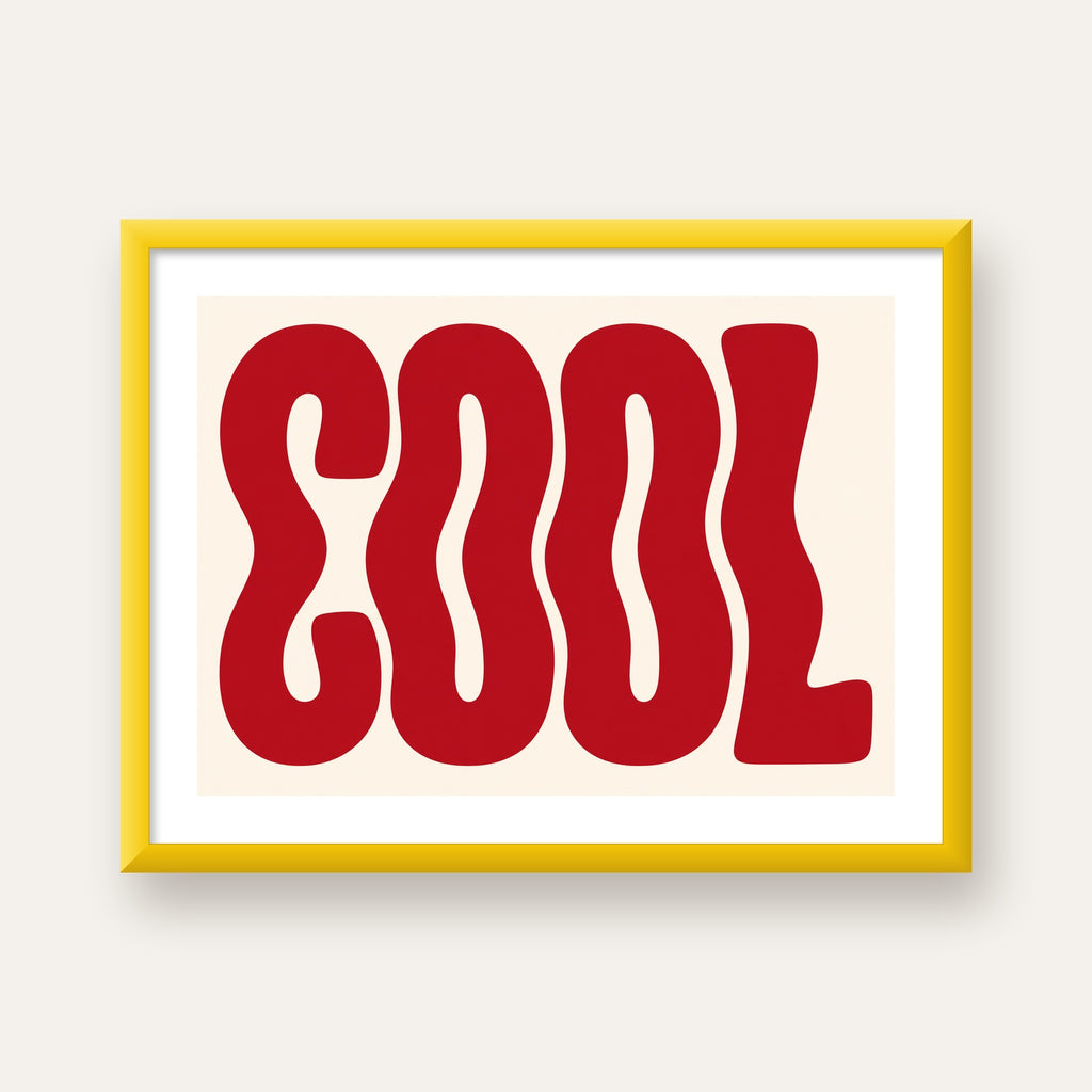 Kırmızı Dalgalı COOL Tipografi Poster – Modern Minimal Duvar Dekoru — sarı çerçeveli paspartulu