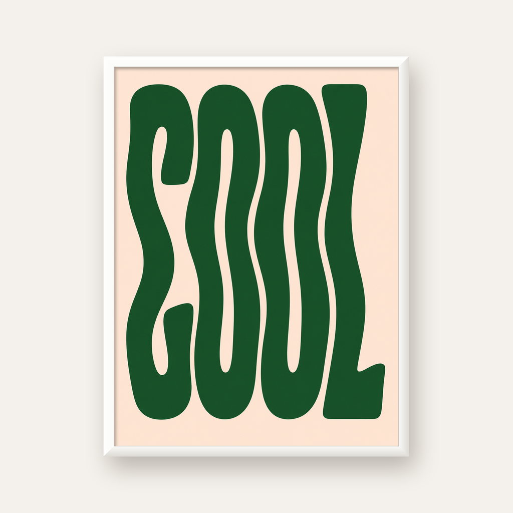 Yeşil Dalgalı Tipografik COOL Poster - Modern Duvar Dekoru — beyaz çerçeveli dikey poster