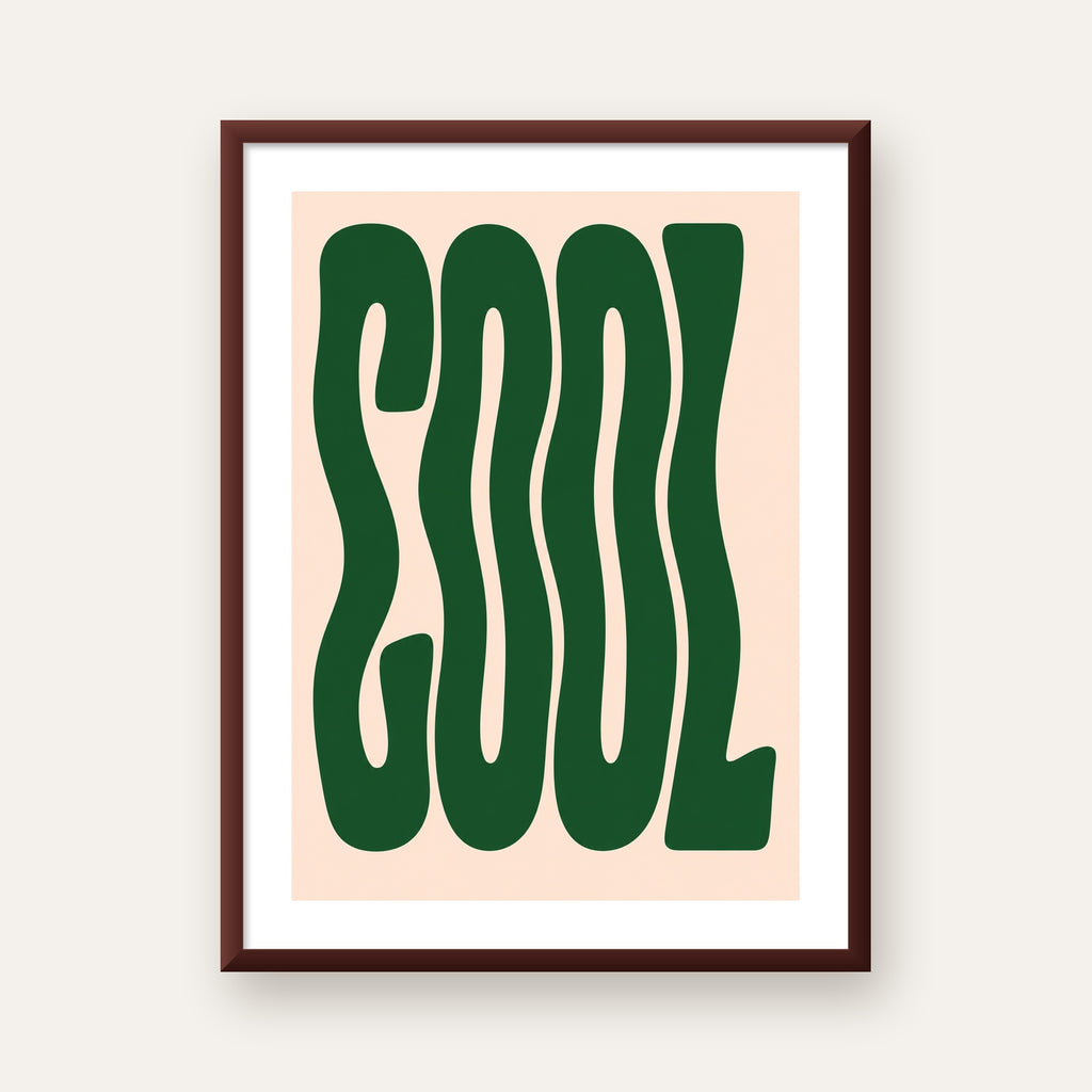 Yeşil Dalgalı Tipografik COOL Poster - Modern Duvar Dekoru — ceviz çerçeveli paspartulu