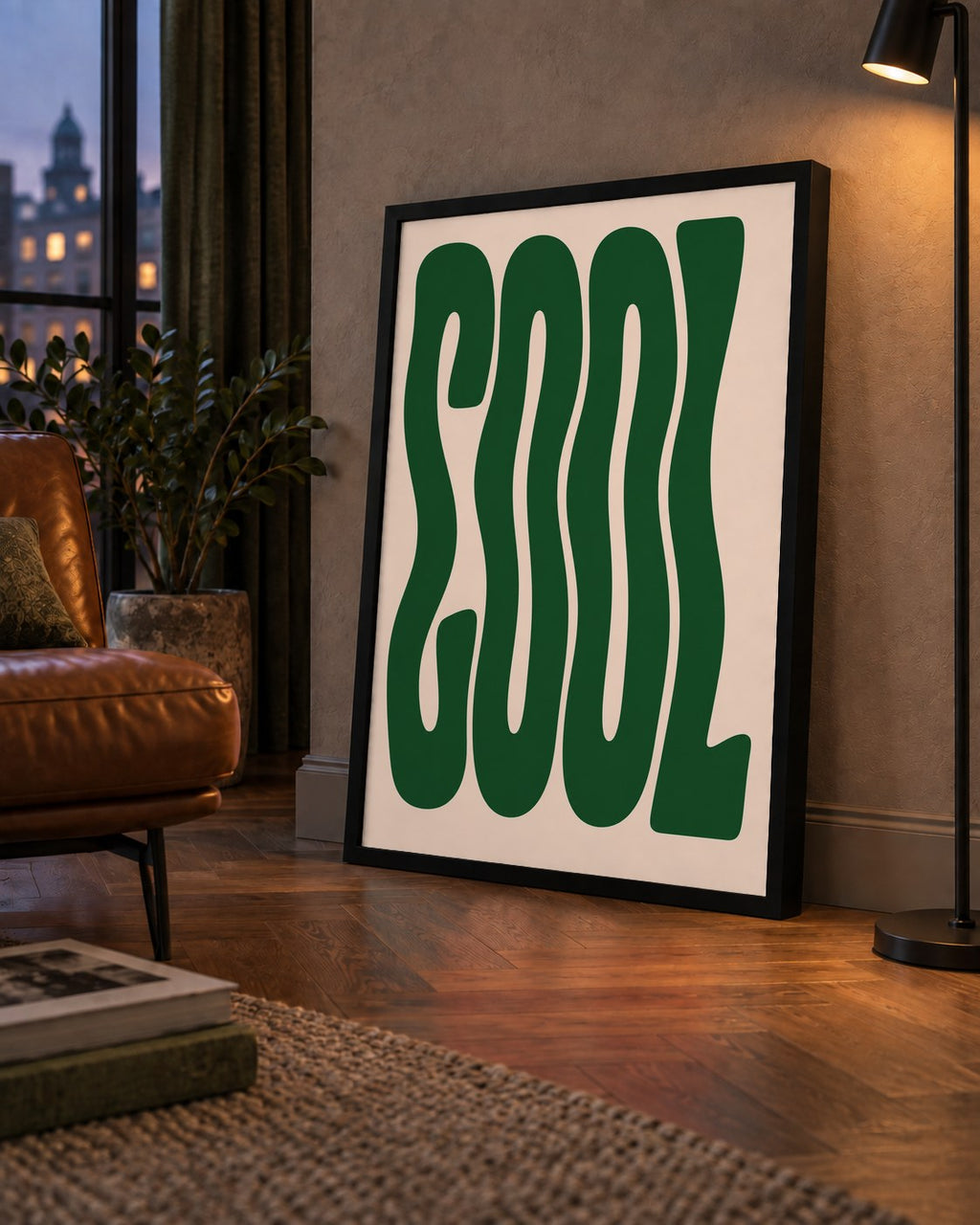 Yeşil Dalgalı Tipografik COOL Poster - Modern Duvar Dekoru — çerçeveli hâliyle bir ev duvarında