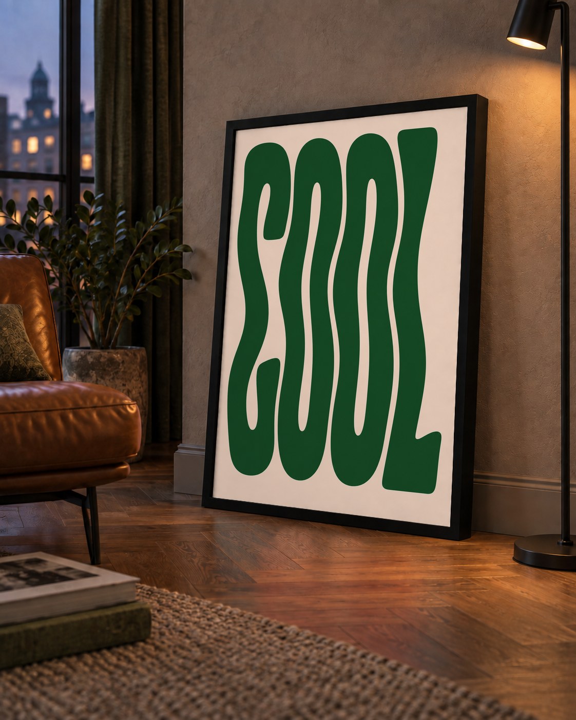 Yeşil Dalgalı Tipografik COOL Poster - Modern Duvar Dekoru — çerçeveli hâliyle bir ev duvarında