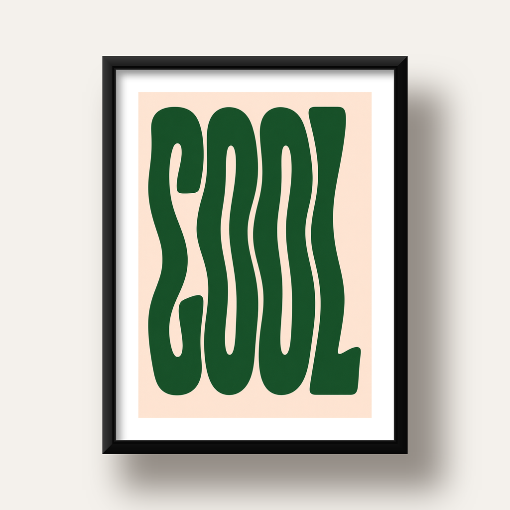 Yeşil Dalgalı Tipografik COOL Poster - Modern Duvar Dekoru — siyah derin çerçeveli paspartulu