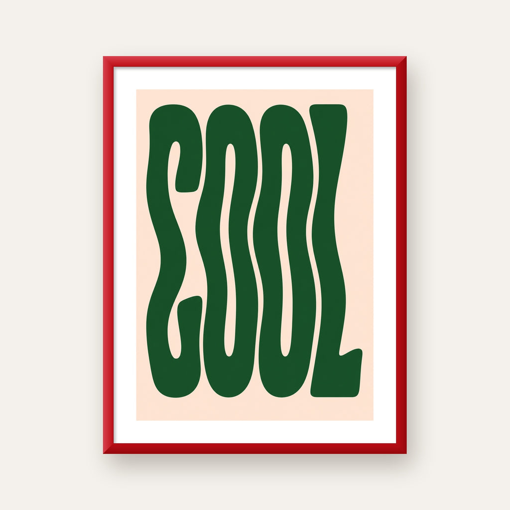 Yeşil Dalgalı Tipografik COOL Poster - Modern Duvar Dekoru — kırmızı çerçeveli paspartulu
