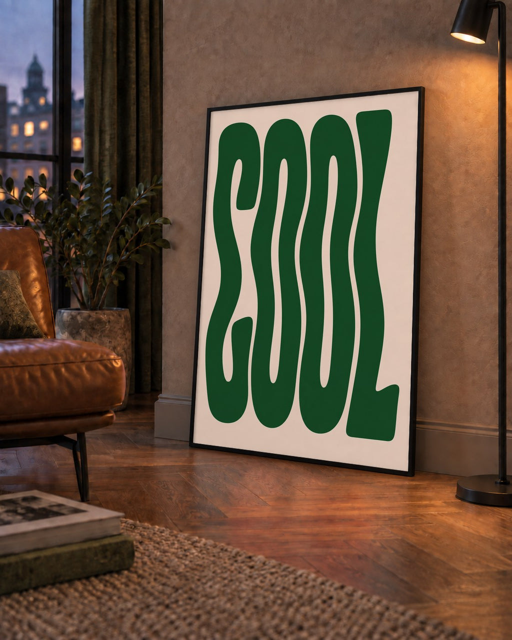 Yeşil Dalgalı Tipografik COOL Poster - Modern Duvar Dekoru — çerçeveli hâliyle bir ev duvarında