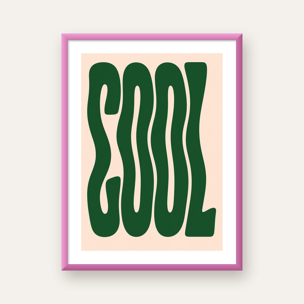 Yeşil Dalgalı Tipografik COOL Poster - Modern Duvar Dekoru — pembe çerçeveli paspartulu