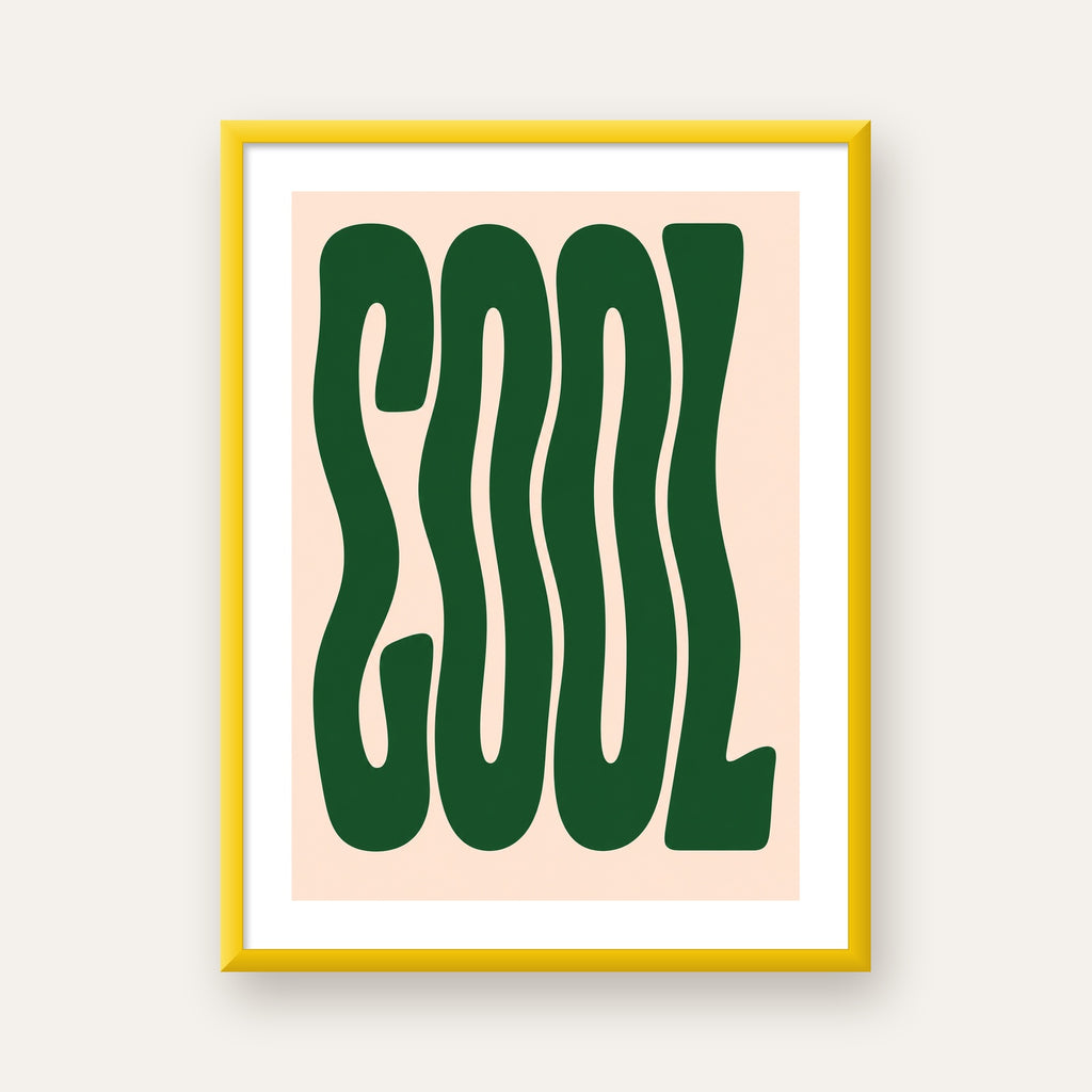 Yeşil Dalgalı Tipografik COOL Poster - Modern Duvar Dekoru — sarı çerçeveli paspartulu