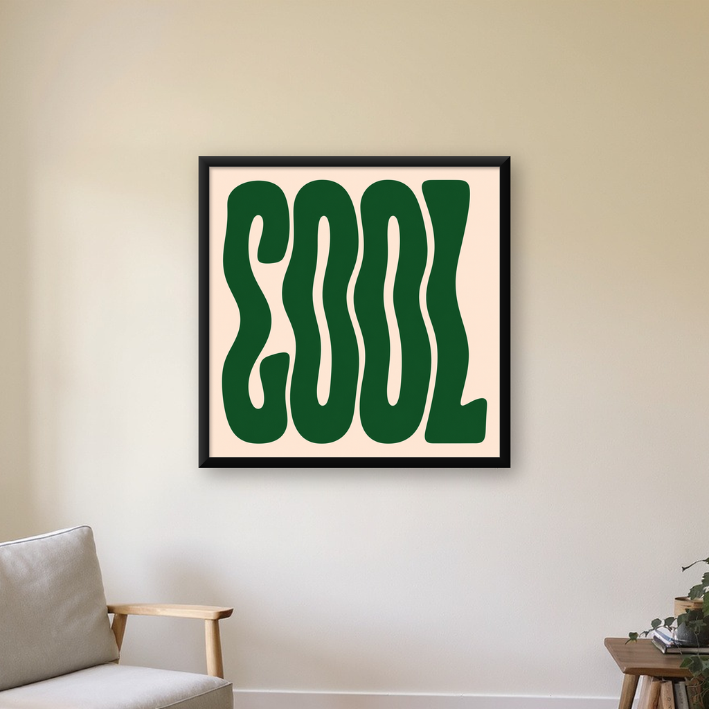 Yeşil Dalgalı Tipografik COOL Poster - Modern Duvar Dekoru — Kare baskı, çerçeveli hâliyle bir ev duvarında