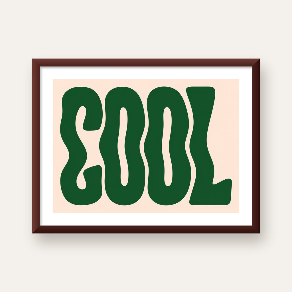 Yeşil Dalgalı Tipografik COOL Poster - Modern Duvar Dekoru — ceviz çerçeveli paspartulu