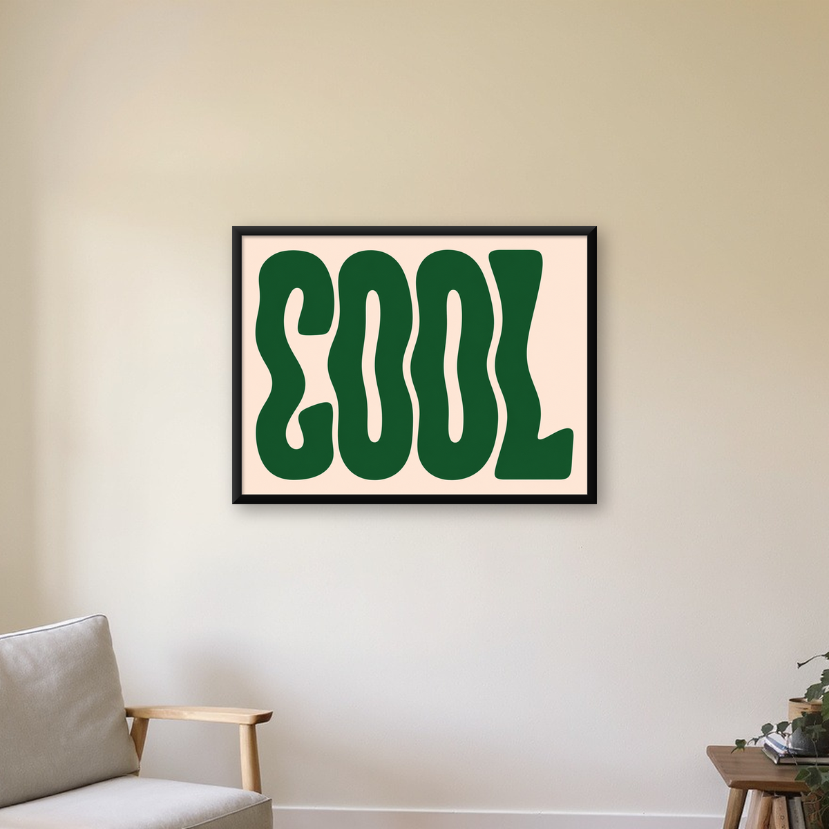 Yeşil Dalgalı Tipografik COOL Poster - Modern Duvar Dekoru — Yatay baskı, çerçeveli hâliyle bir ev duvarında