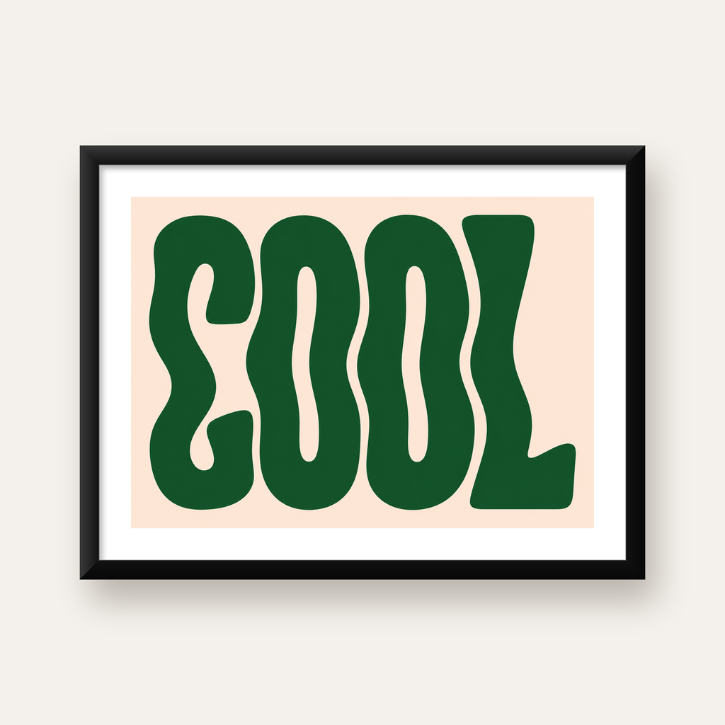 Yeşil Dalgalı Tipografik COOL Poster - Modern Duvar Dekoru — Yatay baskı, beyaz paspartulu