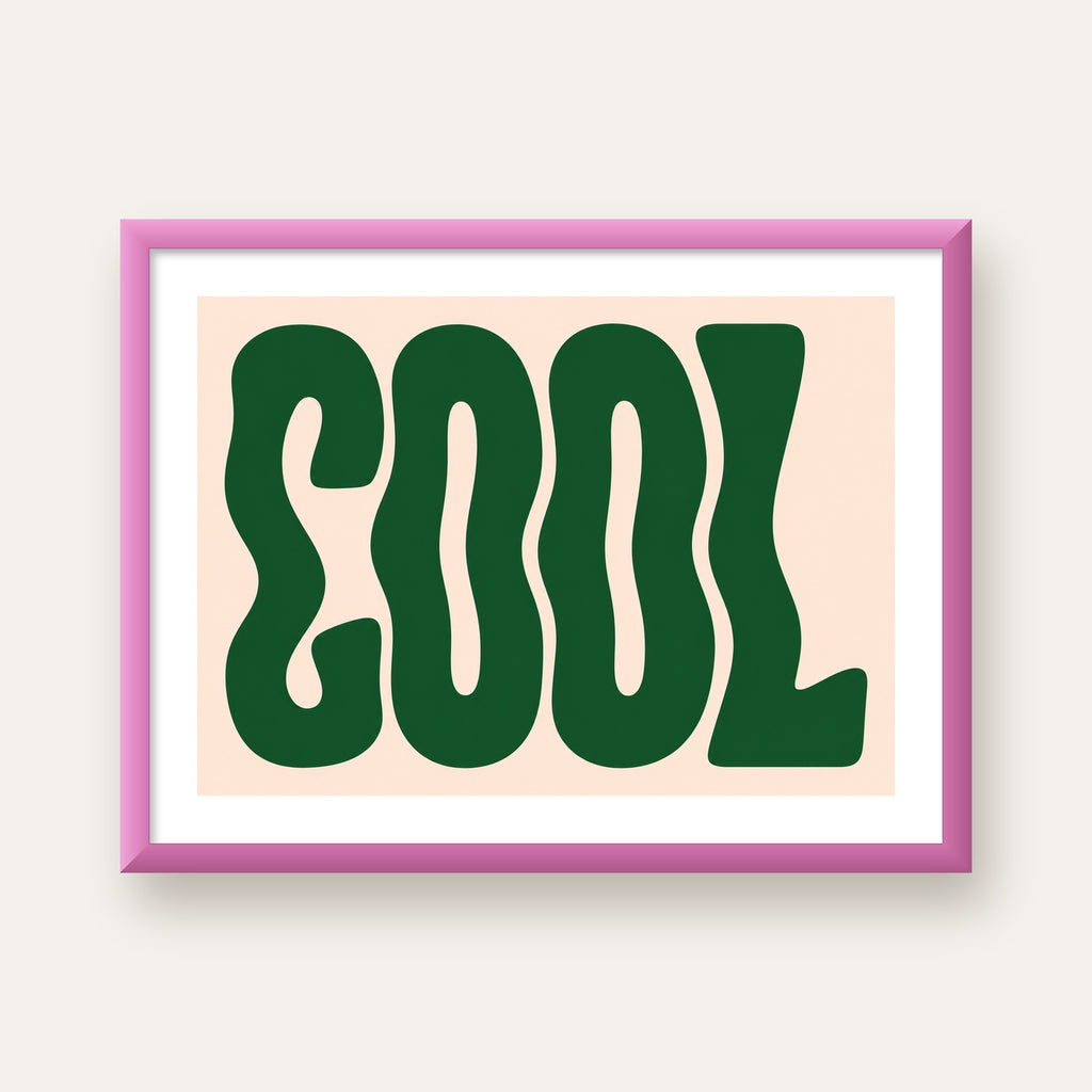 Yeşil Dalgalı Tipografik COOL Poster - Modern Duvar Dekoru — pembe çerçeveli paspartulu