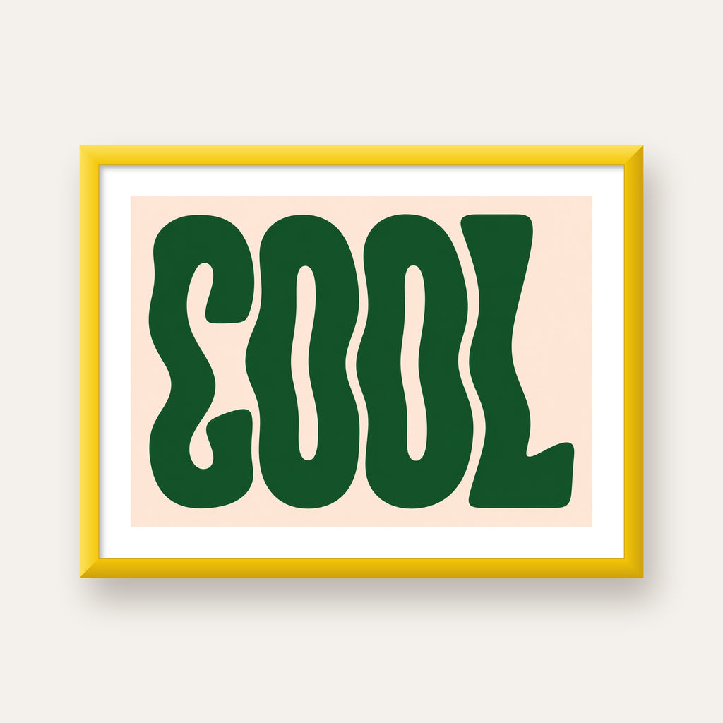 Yeşil Dalgalı Tipografik COOL Poster - Modern Duvar Dekoru — sarı çerçeveli paspartulu