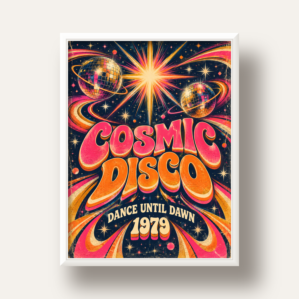 Retro Kozmik Disko Poster – Uzay Temalı Renkli Pop-Art Duvar Dekoru — beyaz derin çerçeveli