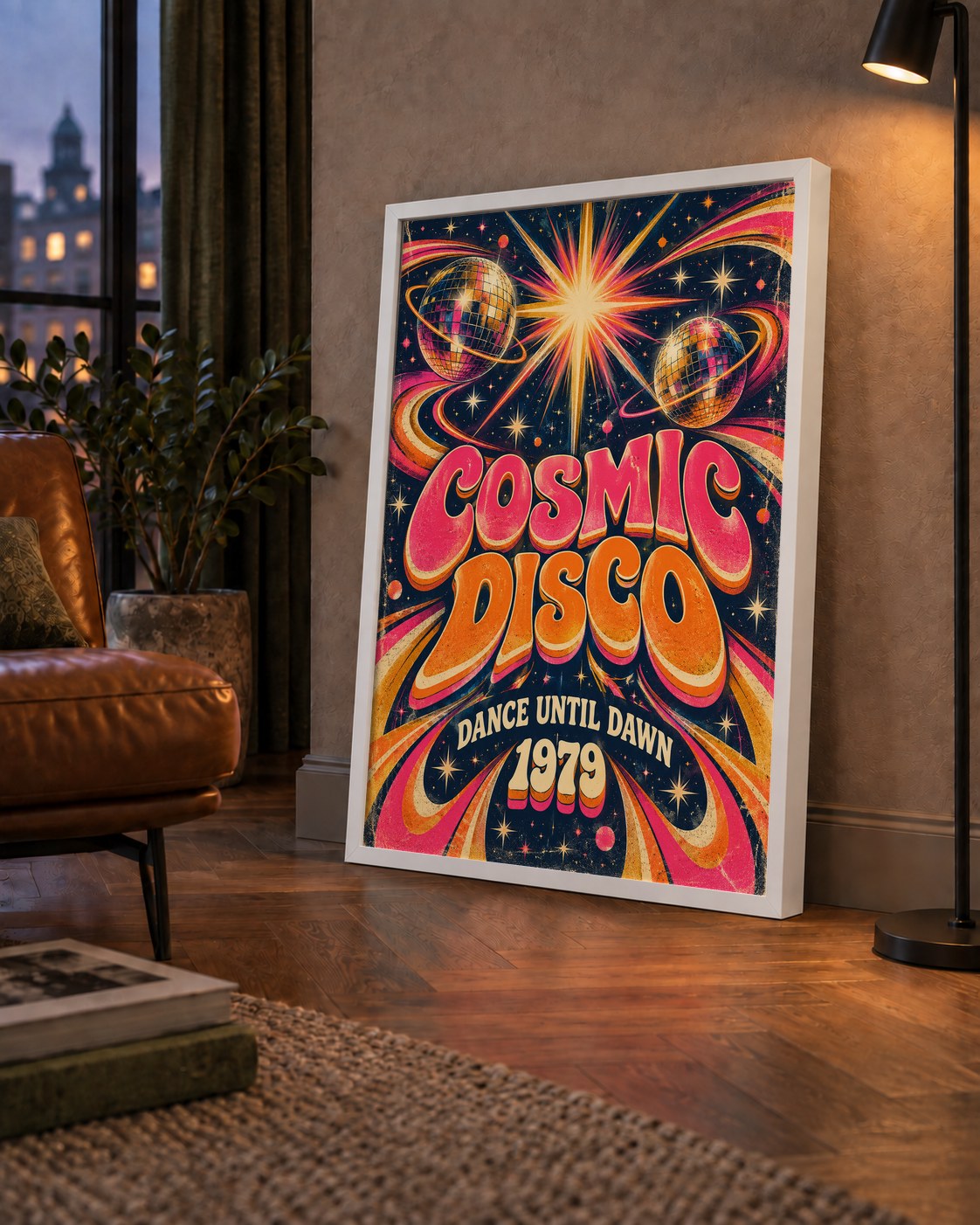 Retro Kozmik Disko Poster – Uzay Temalı Renkli Pop-Art Duvar Dekoru — çerçeveli hâliyle bir ev duvarında