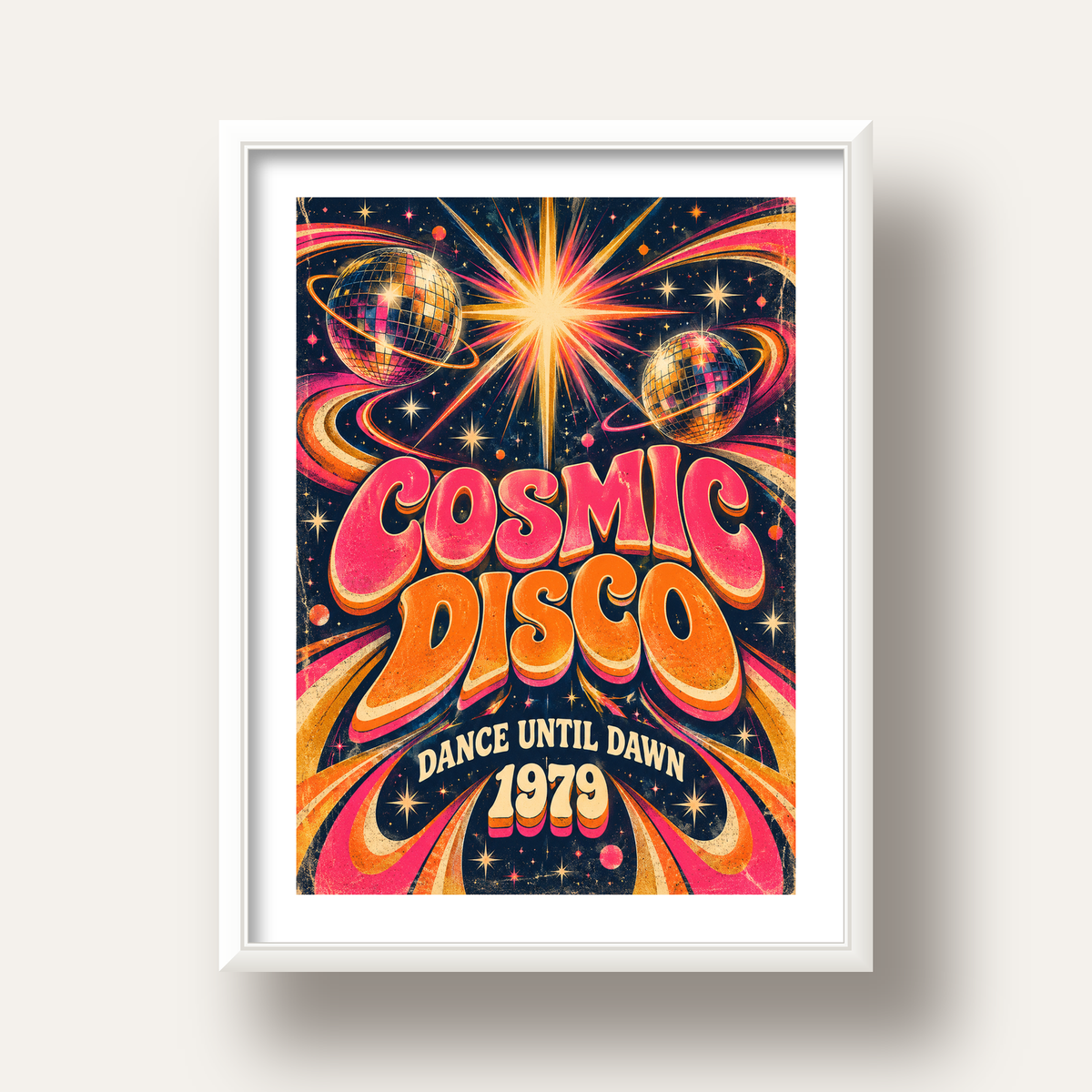 Retro Kozmik Disko Poster – Uzay Temalı Renkli Pop-Art Duvar Dekoru — beyaz derin çerçeveli paspartulu