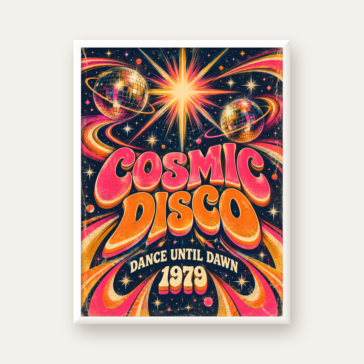 Retro Kozmik Disko Poster – Uzay Temalı Renkli Pop-Art Duvar Dekoru — beyaz çerçeveli dikey poster