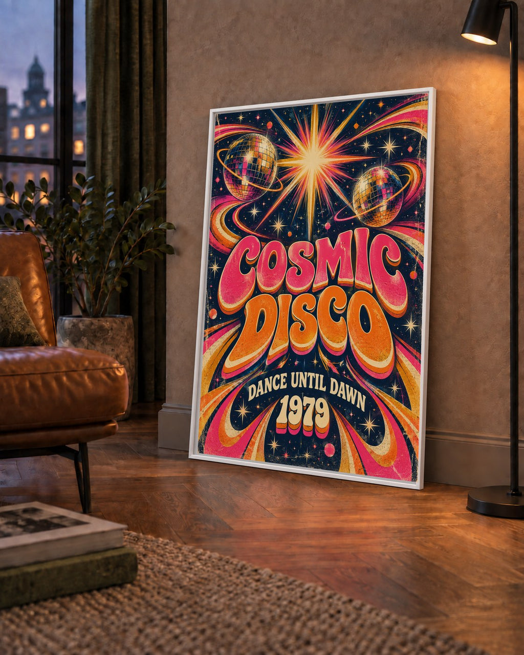 Retro Kozmik Disko Poster – Uzay Temalı Renkli Pop-Art Duvar Dekoru — çerçeveli hâliyle bir ev duvarında
