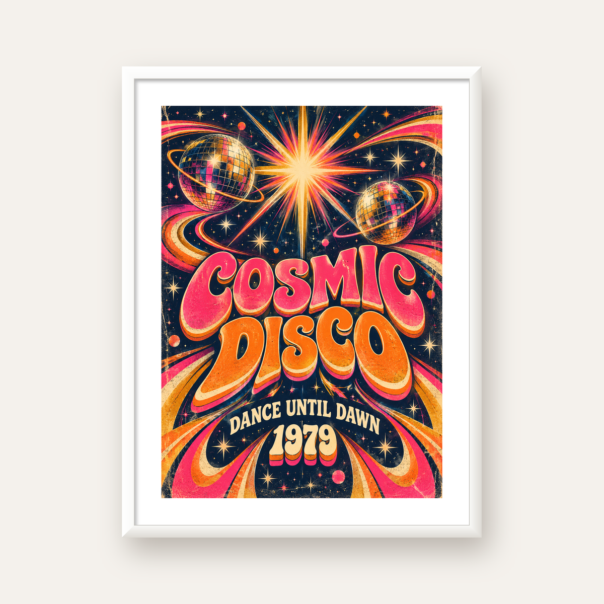Retro Kozmik Disko Poster – Uzay Temalı Renkli Pop-Art Duvar Dekoru — beyaz çerçeveli dikey poster