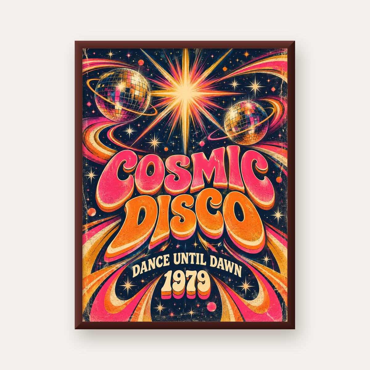 Retro Kozmik Disko Poster – Uzay Temalı Renkli Pop-Art Duvar Dekoru — ceviz çerçeveli