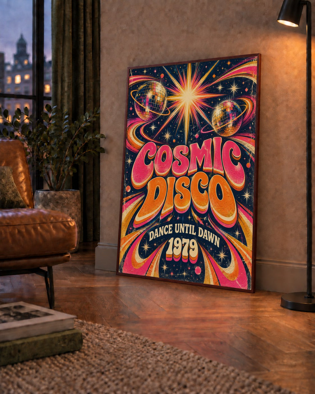 Retro Kozmik Disko Poster – Uzay Temalı Renkli Pop-Art Duvar Dekoru — çerçeveli hâliyle bir ev duvarında