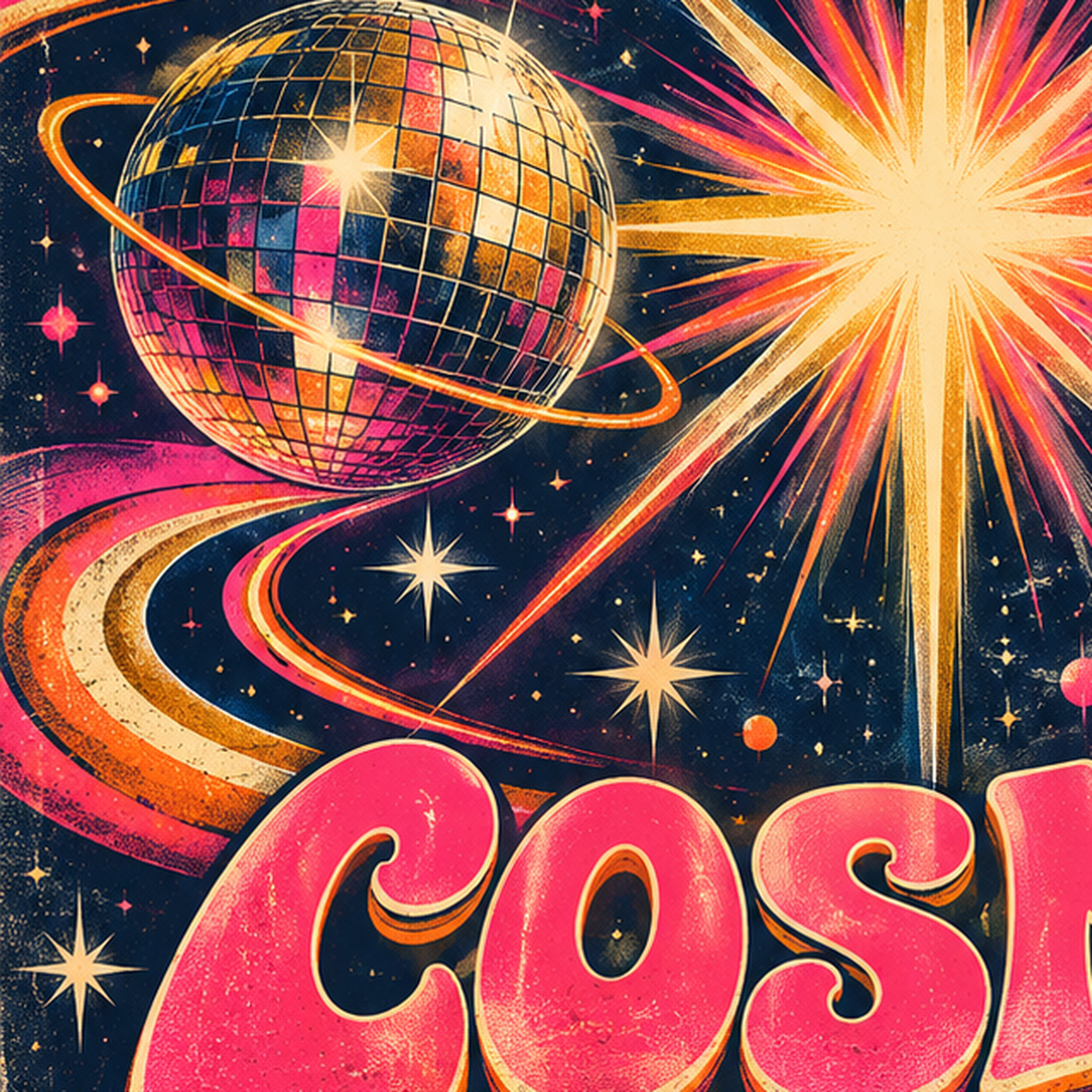 Retro Kozmik Disko Poster – Uzay Temalı Renkli Pop-Art Duvar Dekoru — baskının yakın çekimi, kâğıt dokusu ve renk detayı