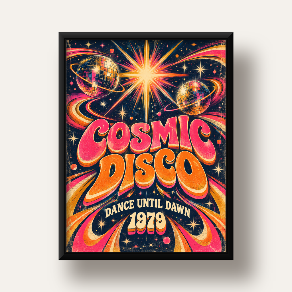 Retro Kozmik Disko Poster – Uzay Temalı Renkli Pop-Art Duvar Dekoru — siyah derin çerçeveli