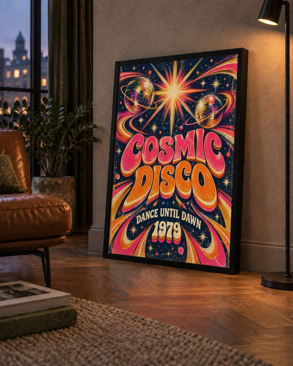Retro Kozmik Disko Poster – Uzay Temalı Renkli Pop-Art Duvar Dekoru — çerçeveli hâliyle bir ev duvarında