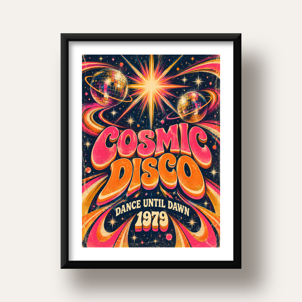 Retro Kozmik Disko Poster – Uzay Temalı Renkli Pop-Art Duvar Dekoru — siyah derin çerçeveli paspartulu