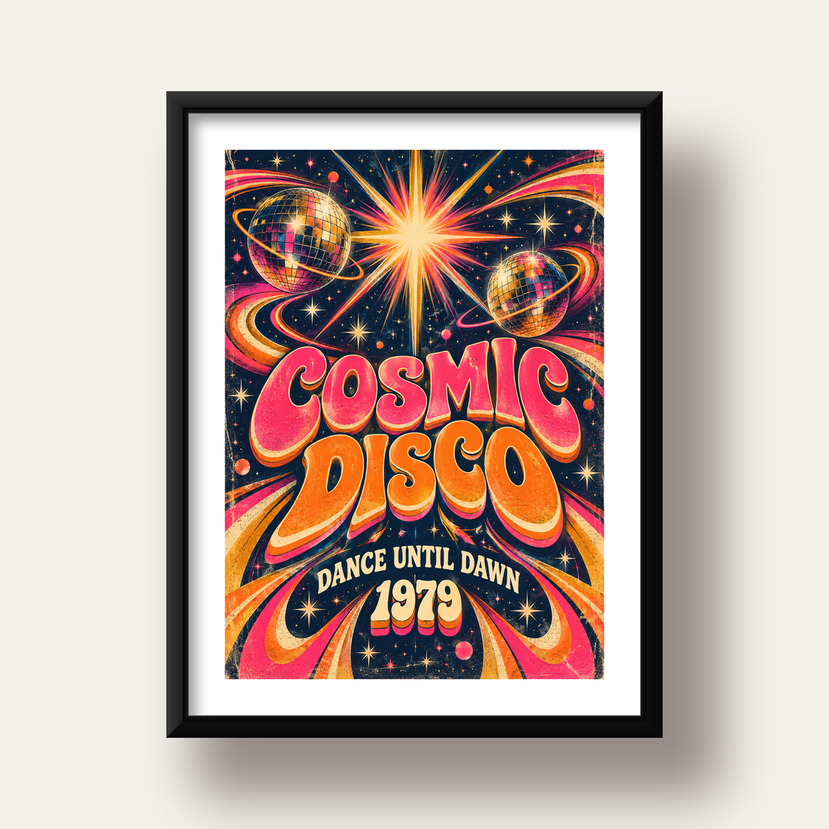 Retro Kozmik Disko Poster – Uzay Temalı Renkli Pop-Art Duvar Dekoru — siyah derin çerçeveli paspartulu