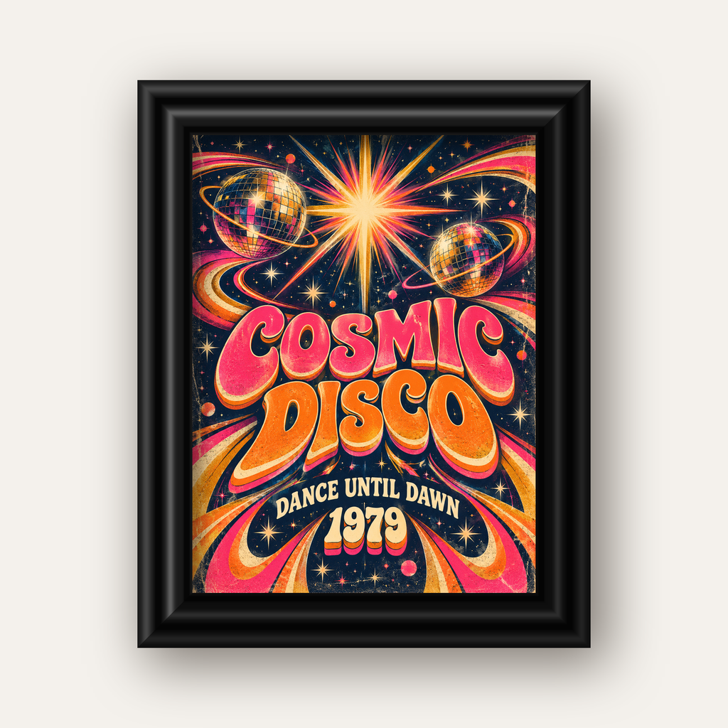 Retro Kozmik Disko Poster – Uzay Temalı Renkli Pop-Art Duvar Dekoru — siyah galeri çerçeveli