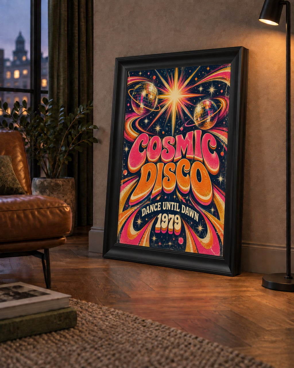 Retro Kozmik Disko Poster – Uzay Temalı Renkli Pop-Art Duvar Dekoru — çerçeveli hâliyle bir ev duvarında