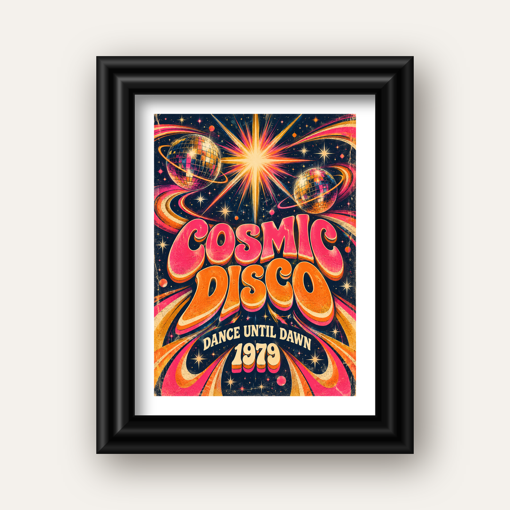 Retro Kozmik Disko Poster – Uzay Temalı Renkli Pop-Art Duvar Dekoru — siyah galeri çerçeveli paspartulu