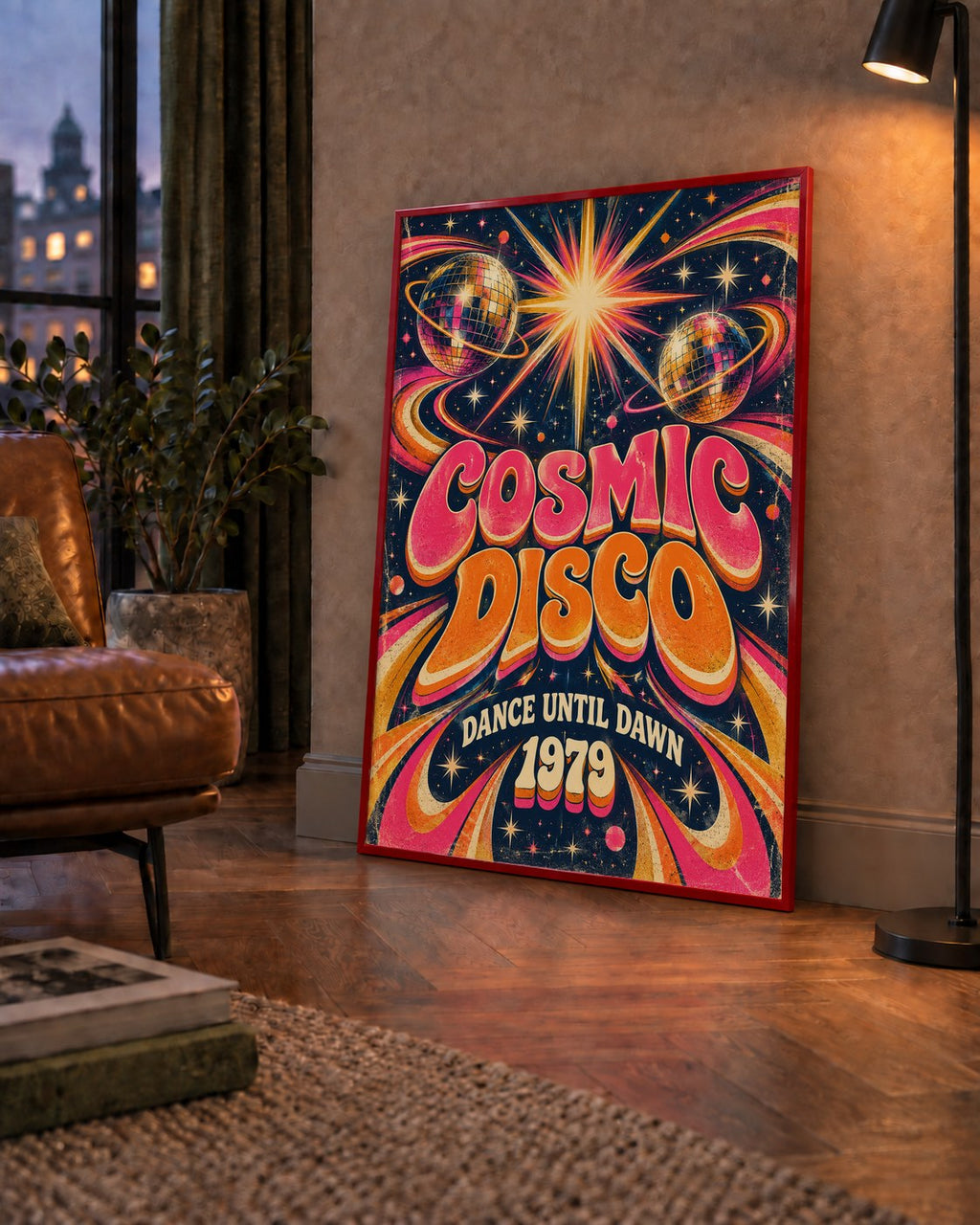 Retro Kozmik Disko Poster – Uzay Temalı Renkli Pop-Art Duvar Dekoru — çerçeveli hâliyle bir ev duvarında