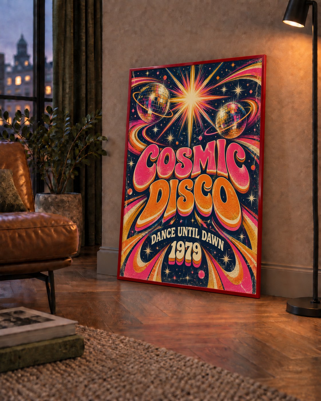 Retro Kozmik Disko Poster – Uzay Temalı Renkli Pop-Art Duvar Dekoru — çerçeveli hâliyle bir ev duvarında